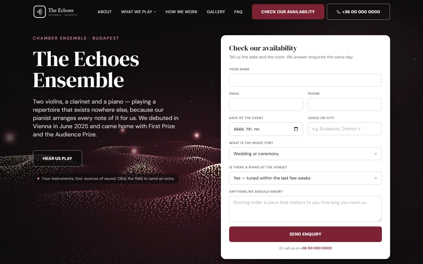 The Echoes Ensemble website: a dark home screen with a sound-like particle field and a booking form
