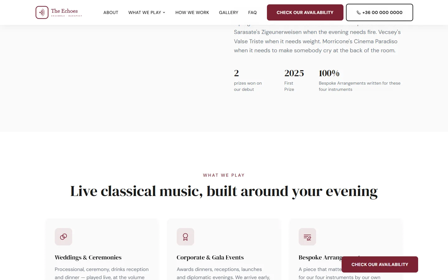 A middle section of The Echoes Ensemble website