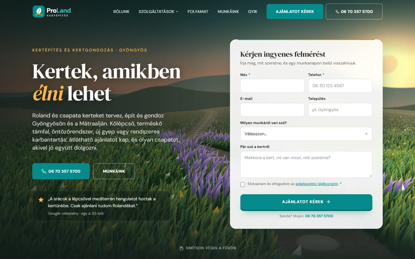 Home screen of the ProLand Kertépítés website with its interactive field of grass